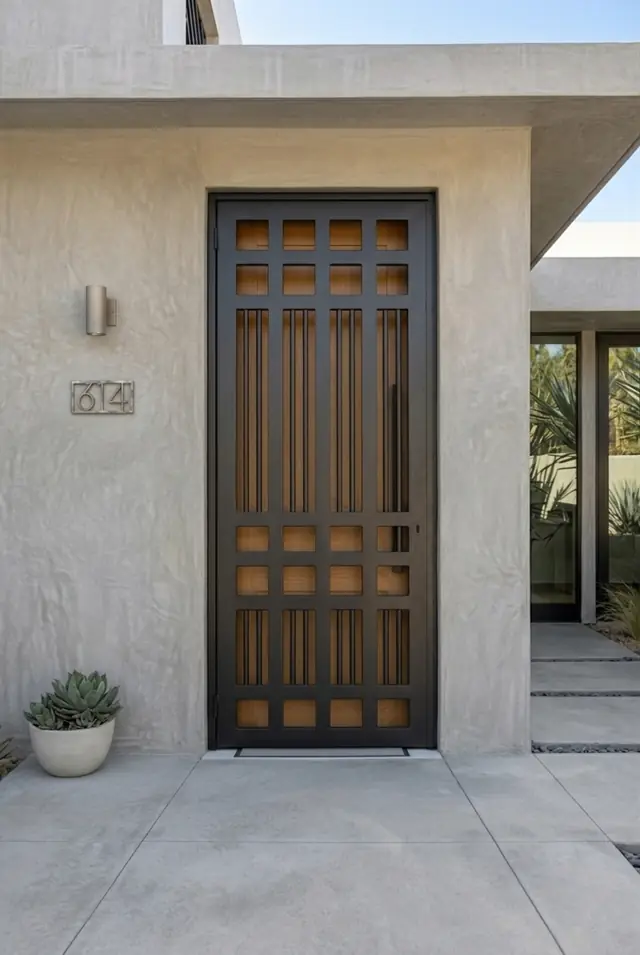 Puerta de seguridad negra con paneles de madera