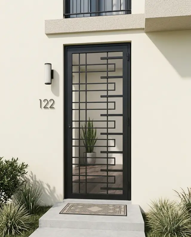 Puerta de herrería con vidrio y diseño geométrico