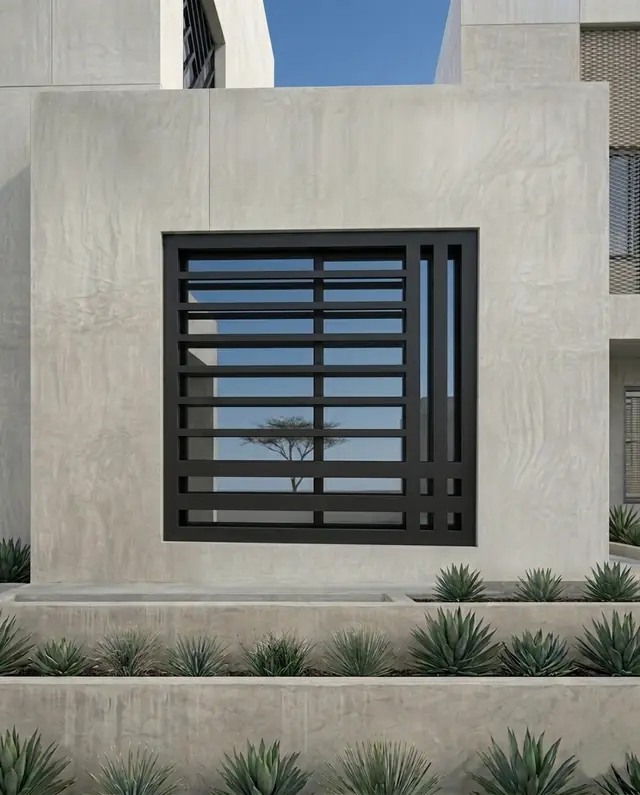 Reja moderna para ventana en fachada de concreto