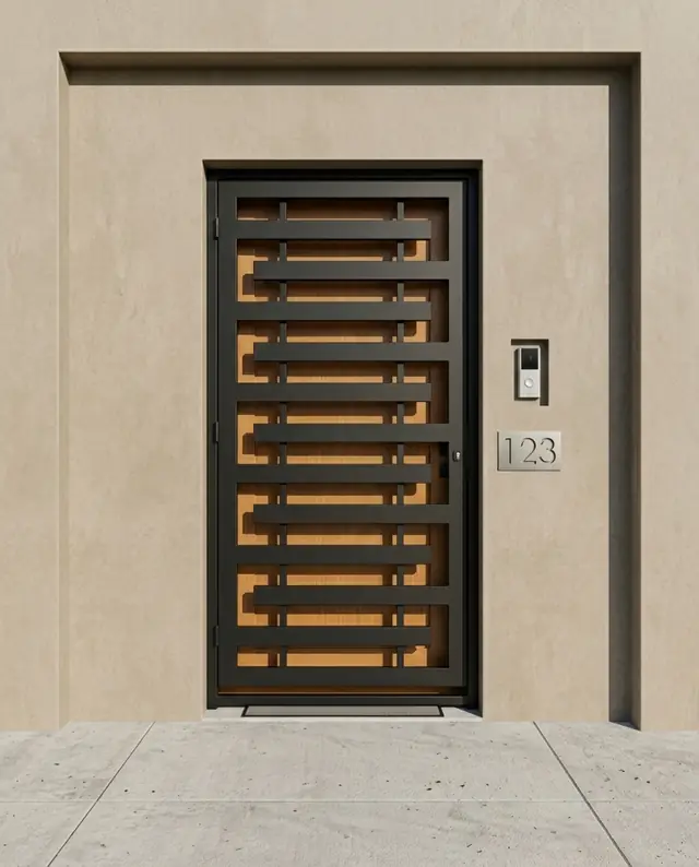 Puerta de seguridad de herrería con diseño horizontal